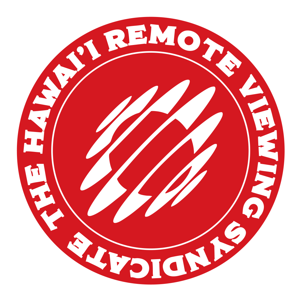 Logo of the Hawai'i Remote Viewing Syndicate featuring a stylized design on a red background, with white text around the edges.